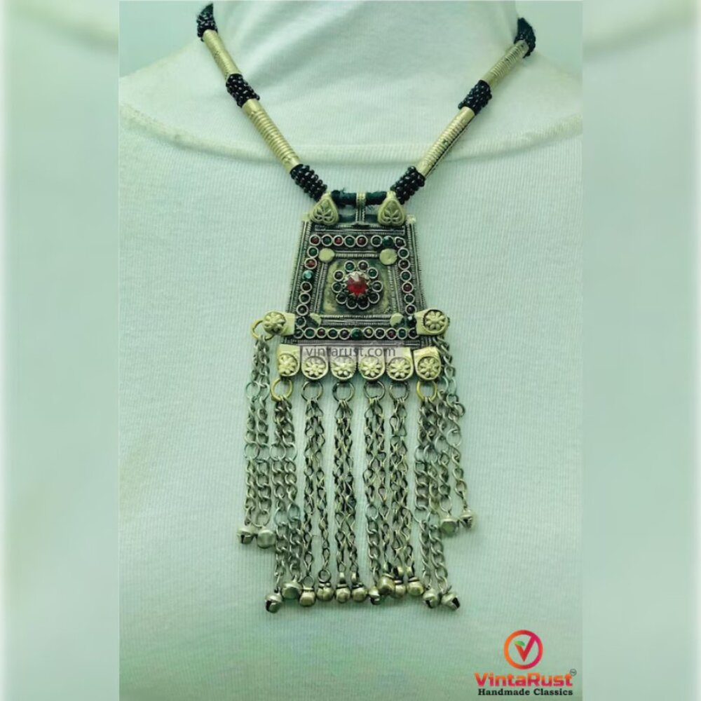 Antique Afghan Pendant Necklace, Nomadic Afghan Big Pendant Necklace With Beaded